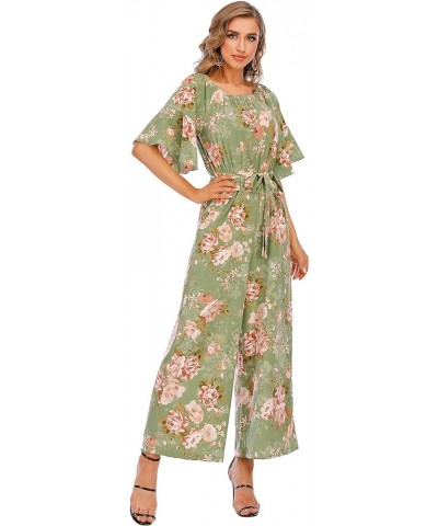 Jumpsuits for Women, Floral Off Shoulder Ruffled Short Sleeve High Waist Wide Leg Pants Romper Dressy Green Peony $13.08 Jump...