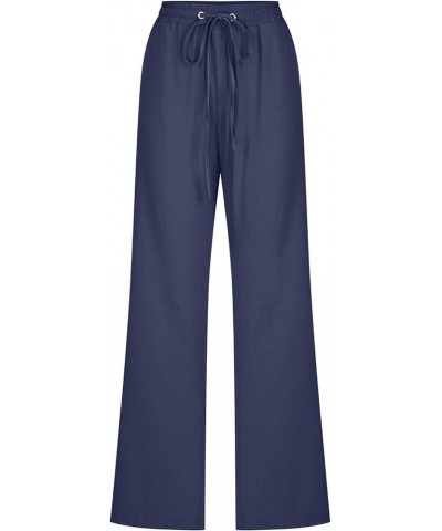 Women Linen Straight Pants Drawstring Summer Trousers Trendy Beach Travel Pant Loose Fitting Business Casual Clothing Dark Bl...