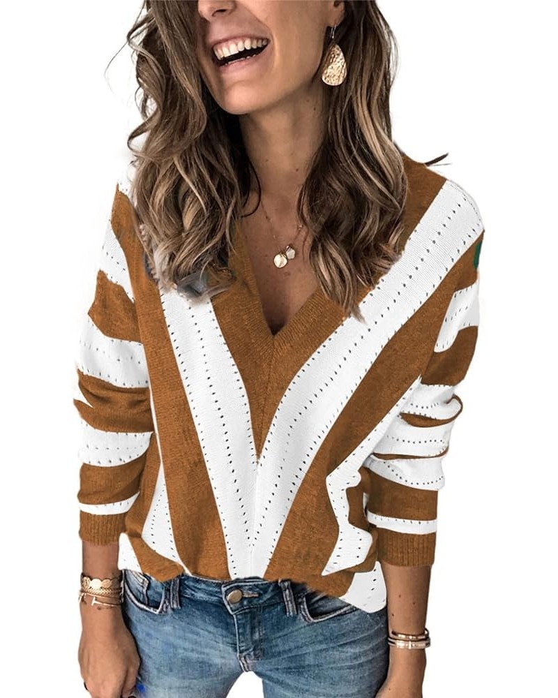 Womens Color Block Striped V Neck Sweater Long Sleeve Pullover Knitted Sweater XS-2XL Qb Brown $21.52 Sweaters
