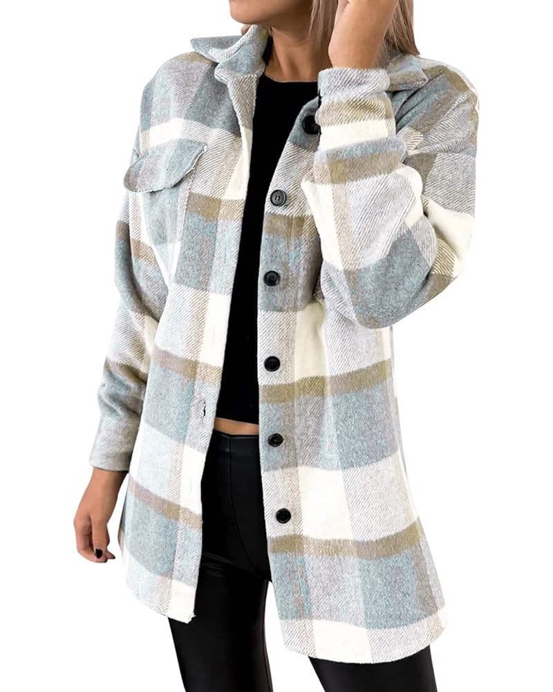 Shacket Jacket Women Casual Plaid Wool Blend Long Sleeve Coat Button Down Pockets Flannel Lapel Jacket 04♛beige $8.78 Jackets