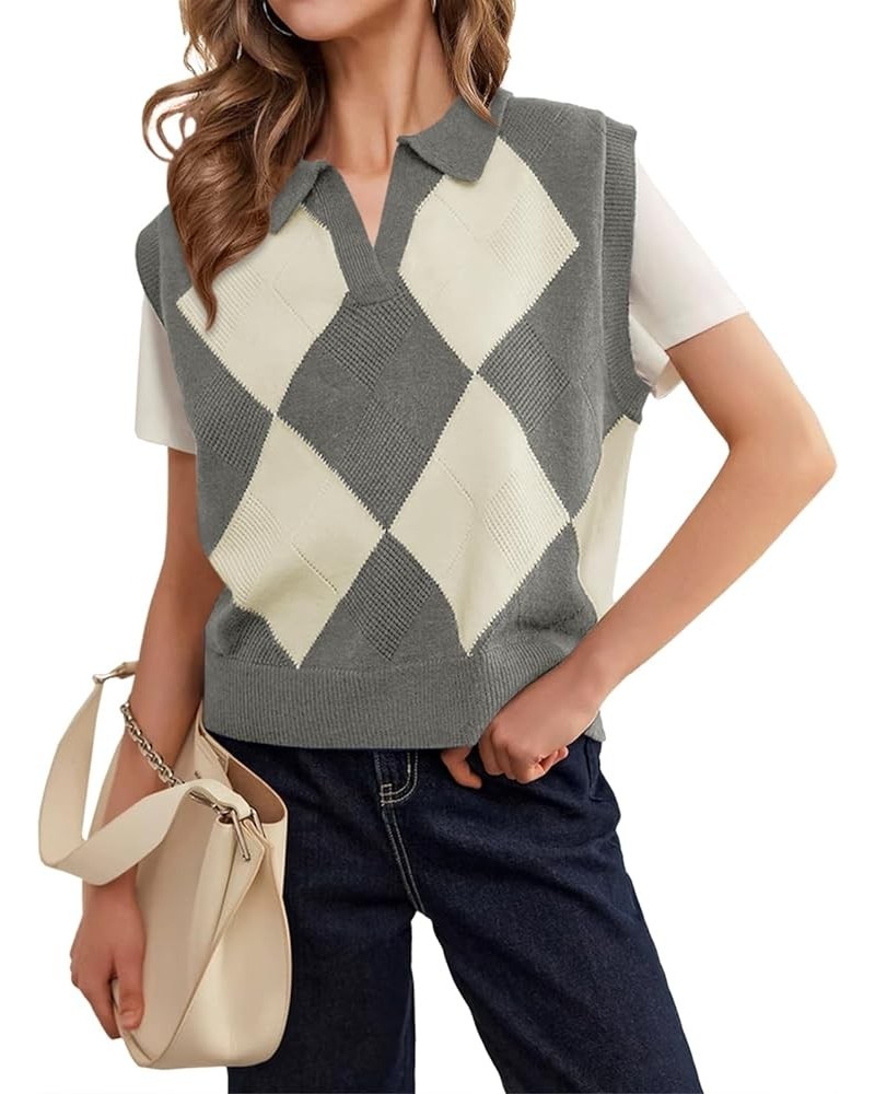 Womens Argyle Plaid Knit Sweater Vests V Neck Lapel Sleeveless Casual Trendy Ribbed Pullover Tank Tops Grey Marle $11.19 Swea...