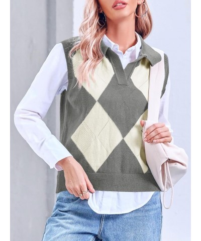 Womens Argyle Plaid Knit Sweater Vests V Neck Lapel Sleeveless Casual Trendy Ribbed Pullover Tank Tops Grey Marle $11.19 Swea...