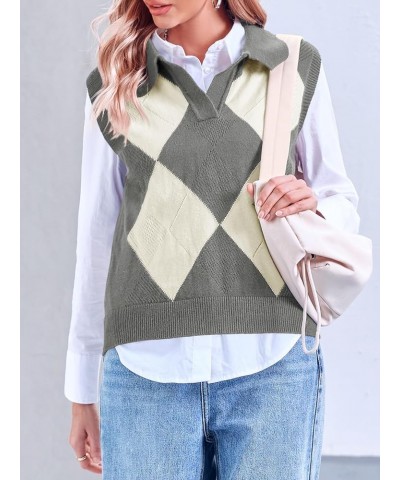 Womens Argyle Plaid Knit Sweater Vests V Neck Lapel Sleeveless Casual Trendy Ribbed Pullover Tank Tops Grey Marle $11.19 Swea...