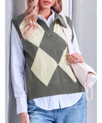 Womens Argyle Plaid Knit Sweater Vests V Neck Lapel Sleeveless Casual Trendy Ribbed Pullover Tank Tops Grey Marle $11.19 Swea...