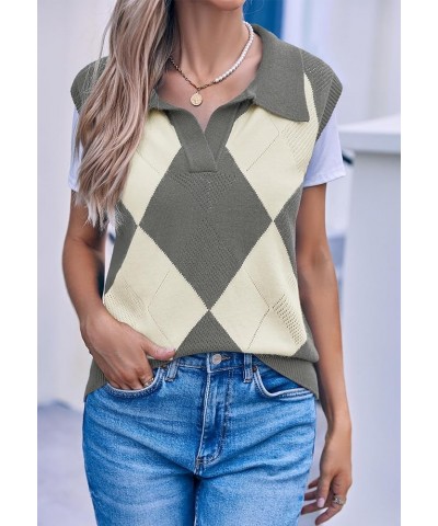 Womens Argyle Plaid Knit Sweater Vests V Neck Lapel Sleeveless Casual Trendy Ribbed Pullover Tank Tops Grey Marle $11.19 Swea...