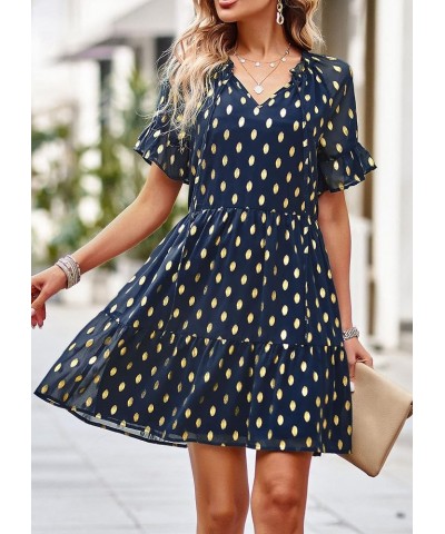 Women 2024 Spring Summer Long Sleeve V Neck Ruffle Polka Dot Mini Dress Casual Loose Tiered Swing Tunic Dresses Style2-navy $...