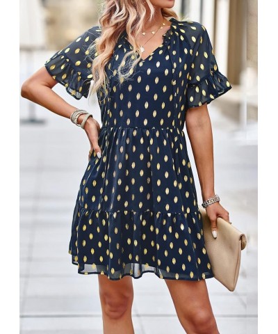 Women 2024 Spring Summer Long Sleeve V Neck Ruffle Polka Dot Mini Dress Casual Loose Tiered Swing Tunic Dresses Style2-navy $...