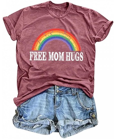Pride Shirts Women Rainbows Graphic Tees Shirts Free Mom Hugs T-Shirt LGBTQ Short Sleeve Tops Pink $11.52 T-Shirts