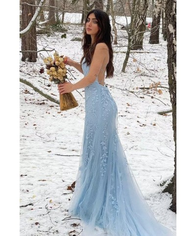 Mermaid Prom Dresses Long Lace Spaghetti Straps Backless Formal Evening Gowns with Train for Women Coral $39.95 Dresses