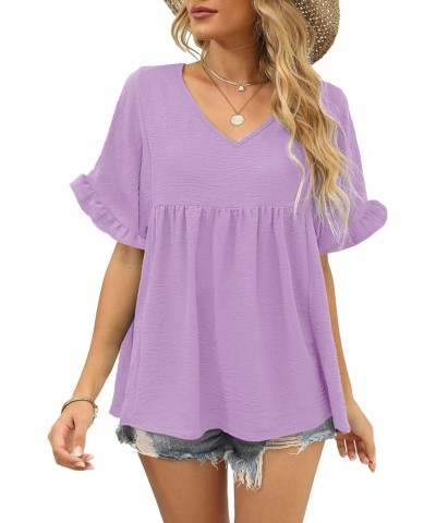 Womens Tops Casual V Neck Ruffle Sleeve T Shirts Babydoll Loose Fit Peplum Tops 2-lavender $9.00 Blouses