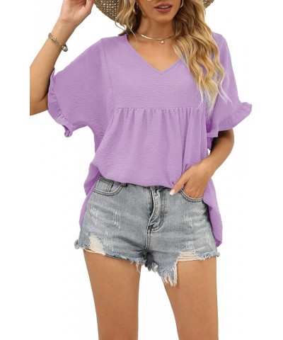 Womens Tops Casual V Neck Ruffle Sleeve T Shirts Babydoll Loose Fit Peplum Tops 2-lavender $9.00 Blouses