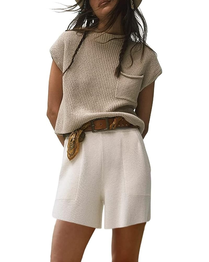 Women's Two Piece Sweater Outfits Knit Pullover Top and Loose Shorts Sweatsuits Lounge Sets Apricot $18.28 Activewear