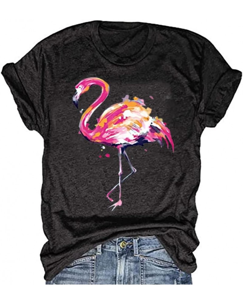 Women's Short Sleeve Round Neck Loose Cute Animal Flamingo Print Tee T-Shirt Top Dark Grey $9.87 T-Shirts