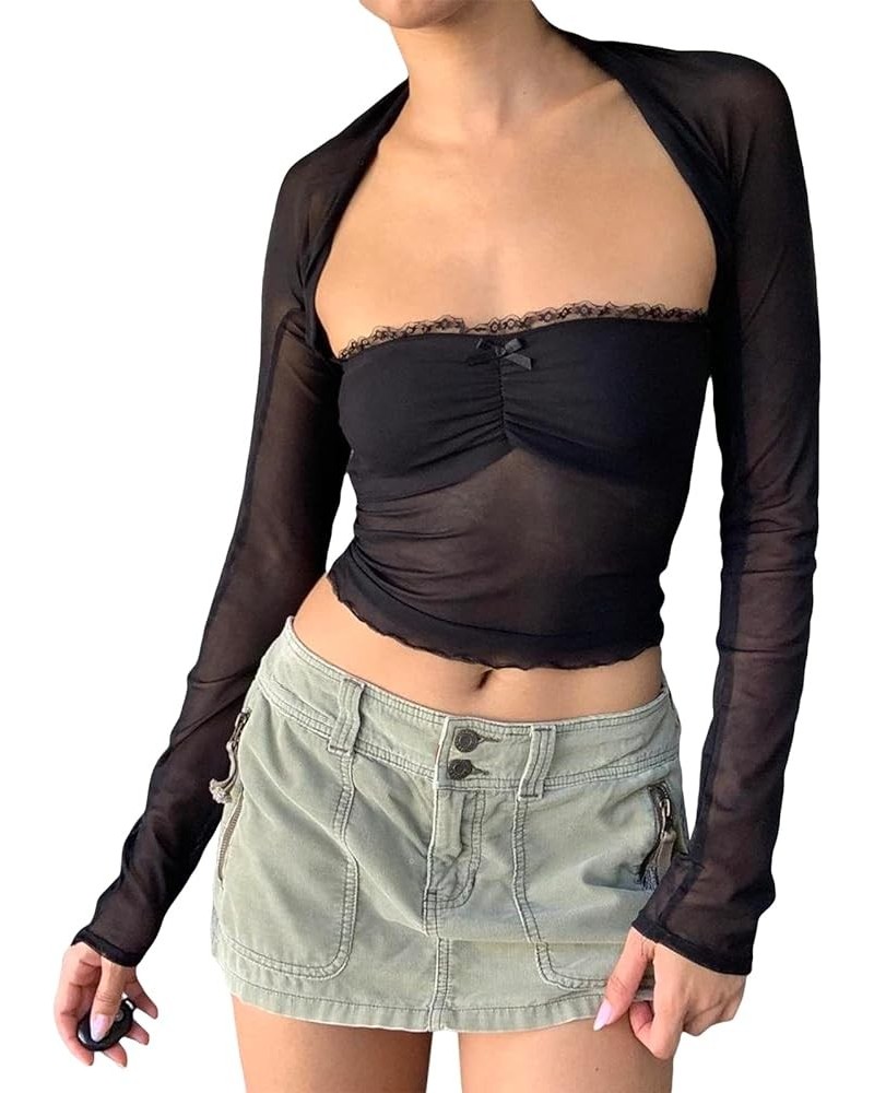 Women 2 Piece Cutout Top Long Sleeve Crop Shrug Tops Strapless Tube Top Sexy Backless Shirt 2PC Shrugs Sets Mesh Black $10.19...