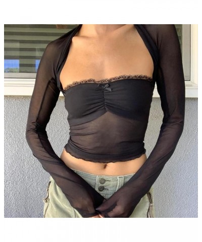 Women 2 Piece Cutout Top Long Sleeve Crop Shrug Tops Strapless Tube Top Sexy Backless Shirt 2PC Shrugs Sets Mesh Black $10.19...