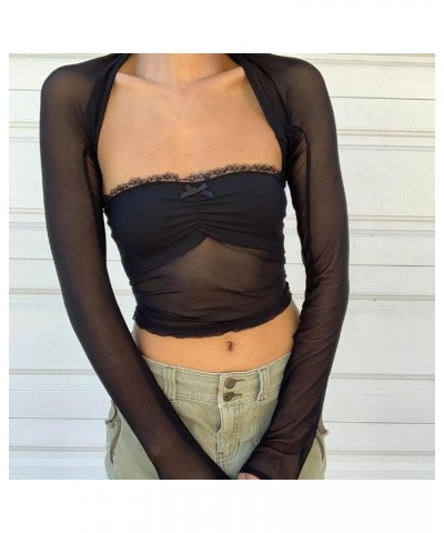 Women 2 Piece Cutout Top Long Sleeve Crop Shrug Tops Strapless Tube Top Sexy Backless Shirt 2PC Shrugs Sets Mesh Black $10.19...