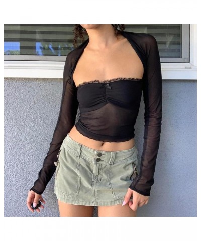 Women 2 Piece Cutout Top Long Sleeve Crop Shrug Tops Strapless Tube Top Sexy Backless Shirt 2PC Shrugs Sets Mesh Black $10.19...