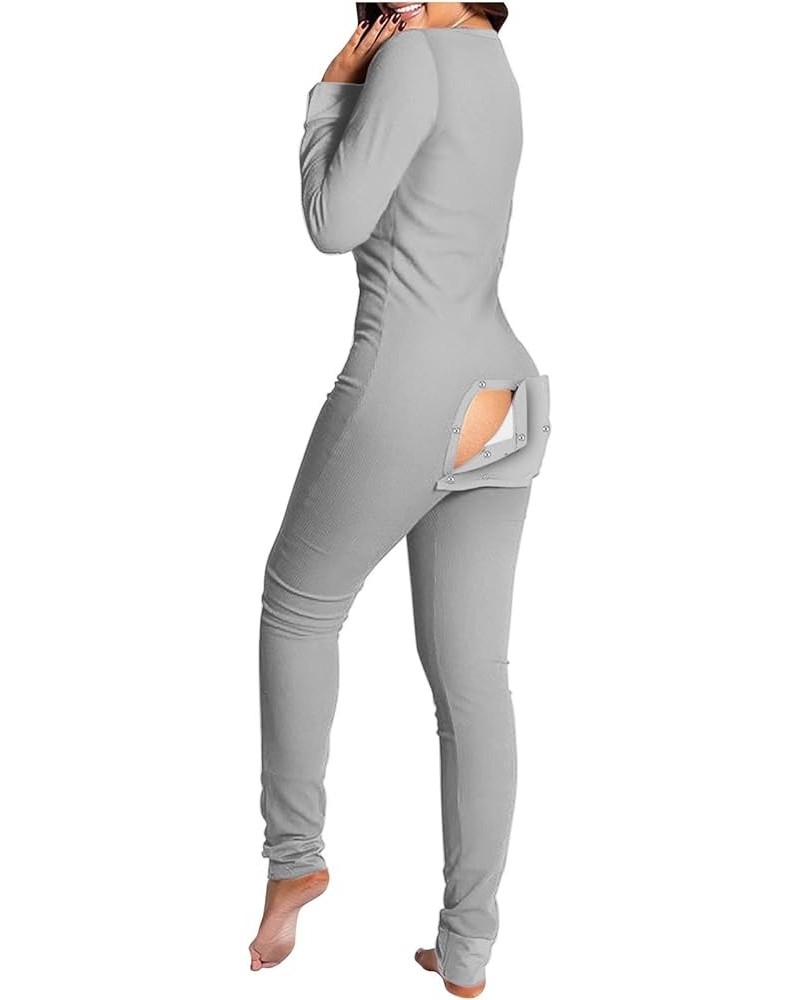 Women's Sexy Butt Button Back Flap Bodycon Jumpsuit Rompers Pajamas Knitted V Neck Bodysuit Pajamas Onesie Overall Gray $10.8...