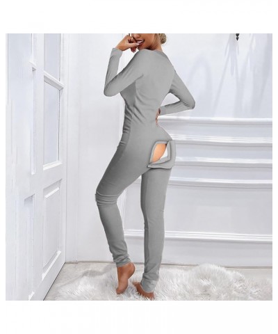 Women's Sexy Butt Button Back Flap Bodycon Jumpsuit Rompers Pajamas Knitted V Neck Bodysuit Pajamas Onesie Overall Gray $10.8...