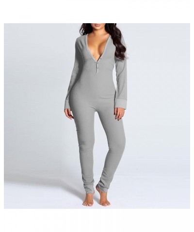 Women's Sexy Butt Button Back Flap Bodycon Jumpsuit Rompers Pajamas Knitted V Neck Bodysuit Pajamas Onesie Overall Gray $10.8...