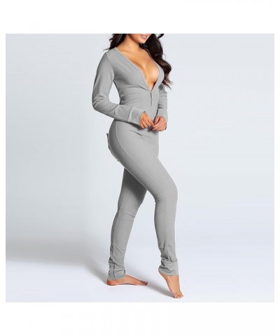Women's Sexy Butt Button Back Flap Bodycon Jumpsuit Rompers Pajamas Knitted V Neck Bodysuit Pajamas Onesie Overall Gray $10.8...