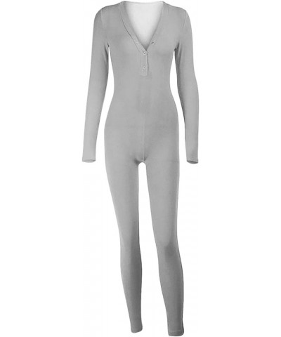 Women's Sexy Butt Button Back Flap Bodycon Jumpsuit Rompers Pajamas Knitted V Neck Bodysuit Pajamas Onesie Overall Gray $10.8...