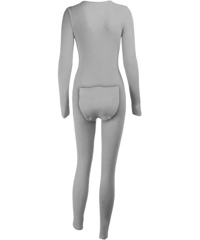 Women's Sexy Butt Button Back Flap Bodycon Jumpsuit Rompers Pajamas Knitted V Neck Bodysuit Pajamas Onesie Overall Gray $10.8...