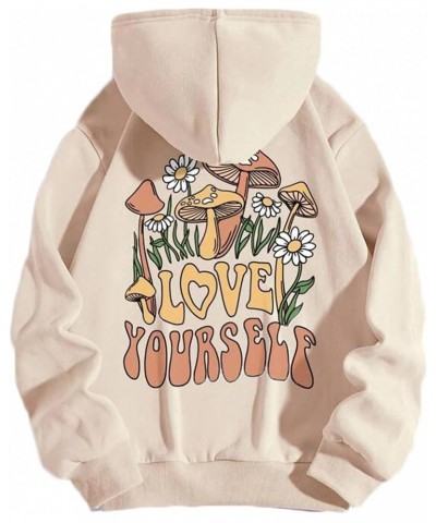 Women Mushroom Graphic Letter Print Oversized Fleece Hoodie Long Sleeve Casual Hooded Sweatshirt Pullover Tops Apricot $16.66...