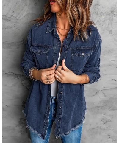 Women’s Oversized Button Up Frayed Hem Shacket Long Sleeve Pockets Denim Jean Jacket Dark Blue $20.78 Jackets