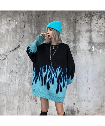 Y2K Hip Hop Oversized Sweater Fairy Grunge Flame Knitted Pullover Gothic Tops Aesthetic Punk Goth Clothes Blue $13.94 Sweaters