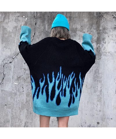 Y2K Hip Hop Oversized Sweater Fairy Grunge Flame Knitted Pullover Gothic Tops Aesthetic Punk Goth Clothes Blue $13.94 Sweaters