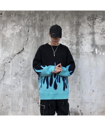 Y2K Hip Hop Oversized Sweater Fairy Grunge Flame Knitted Pullover Gothic Tops Aesthetic Punk Goth Clothes Blue $13.94 Sweaters