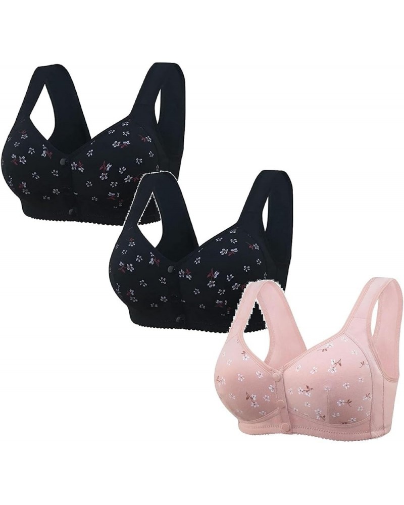 3 Pack Bras for Women Plus Size Daisy Bras for Older Women Front Closure Wireless Sports Bras Comfortable Everyday Bras D-pin...