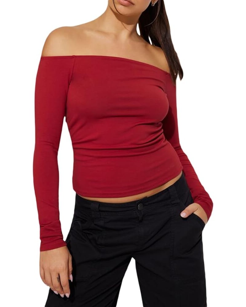 Women Long Sleeve Top Y2k Solid Color Crewneck Slim Fitted Going Out T Shirts Xmas Valentines Day Baisc Crop Tops B Red Off S...