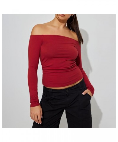 Women Long Sleeve Top Y2k Solid Color Crewneck Slim Fitted Going Out T Shirts Xmas Valentines Day Baisc Crop Tops B Red Off S...