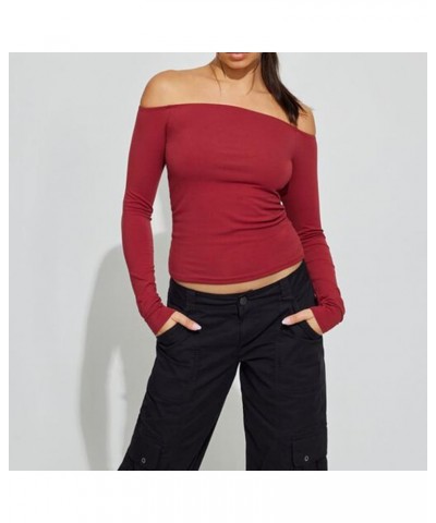 Women Long Sleeve Top Y2k Solid Color Crewneck Slim Fitted Going Out T Shirts Xmas Valentines Day Baisc Crop Tops B Red Off S...