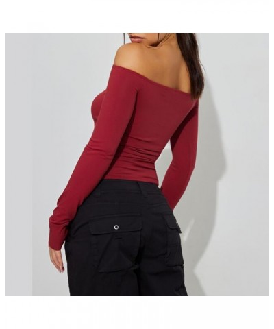 Women Long Sleeve Top Y2k Solid Color Crewneck Slim Fitted Going Out T Shirts Xmas Valentines Day Baisc Crop Tops B Red Off S...