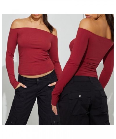 Women Long Sleeve Top Y2k Solid Color Crewneck Slim Fitted Going Out T Shirts Xmas Valentines Day Baisc Crop Tops B Red Off S...