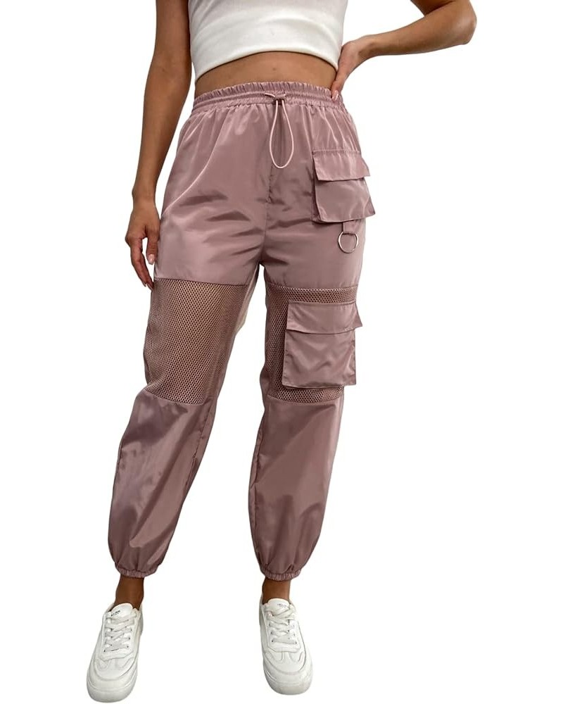 Women's High Waisted Sporty Drawstring Mesh Paneled Cargo Pants Dusty Pink $16.34 Pants