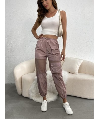 Women's High Waisted Sporty Drawstring Mesh Paneled Cargo Pants Dusty Pink $16.34 Pants