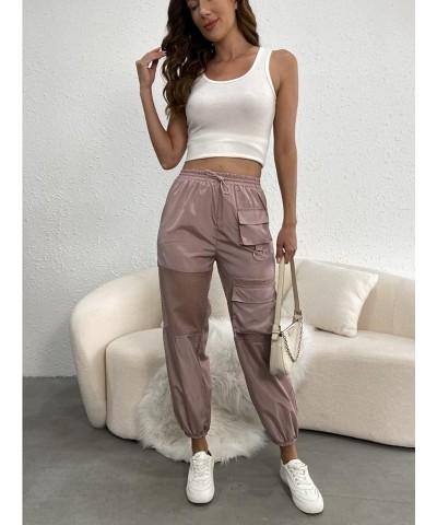Women's High Waisted Sporty Drawstring Mesh Paneled Cargo Pants Dusty Pink $16.34 Pants