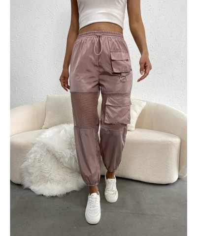 Women's High Waisted Sporty Drawstring Mesh Paneled Cargo Pants Dusty Pink $16.34 Pants