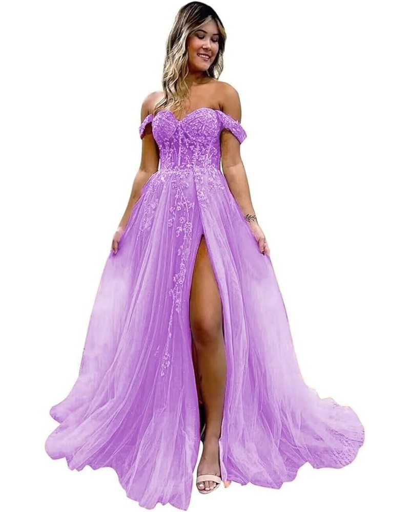 Off The Shoulder Tulle Prom Dresses with Slit Laces Applique Sweetheart Long Formal Evening Party Gowns Lilac $46.19 Dresses