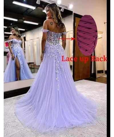 Off The Shoulder Tulle Prom Dresses with Slit Laces Applique Sweetheart Long Formal Evening Party Gowns Lilac $46.19 Dresses