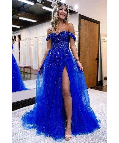 Off The Shoulder Tulle Prom Dresses with Slit Laces Applique Sweetheart Long Formal Evening Party Gowns Lilac $46.19 Dresses