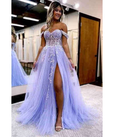 Off The Shoulder Tulle Prom Dresses with Slit Laces Applique Sweetheart Long Formal Evening Party Gowns Lilac $46.19 Dresses