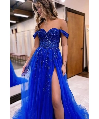 Off The Shoulder Tulle Prom Dresses with Slit Laces Applique Sweetheart Long Formal Evening Party Gowns Lilac $46.19 Dresses