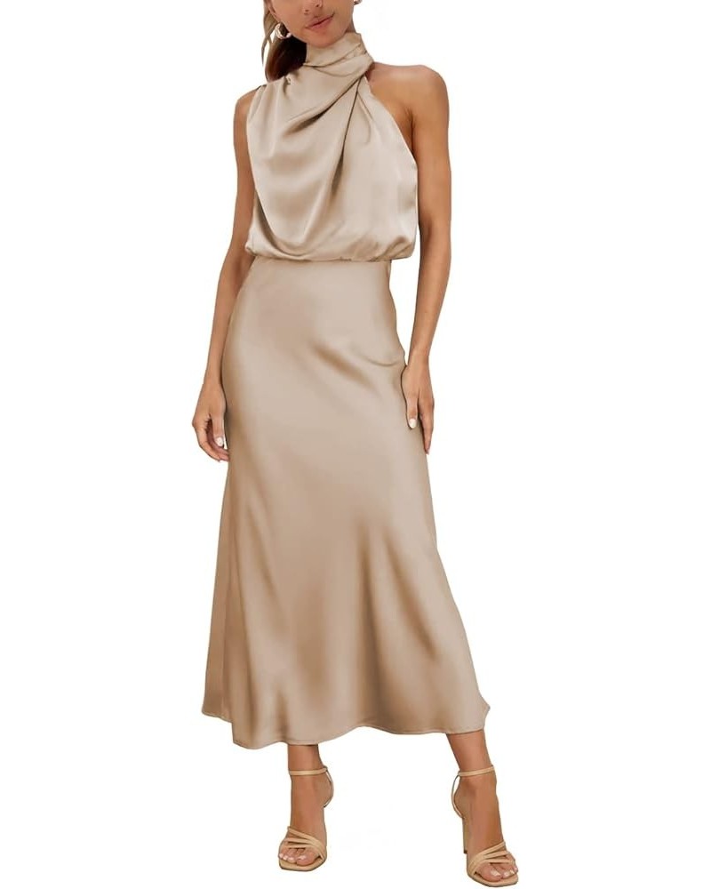 Womens Mock Neck Satin Elastic High Waist Wedding Guest Evening Cocktail Party Elegant Formal Maxi Dress Champagne $10.21 Dre...