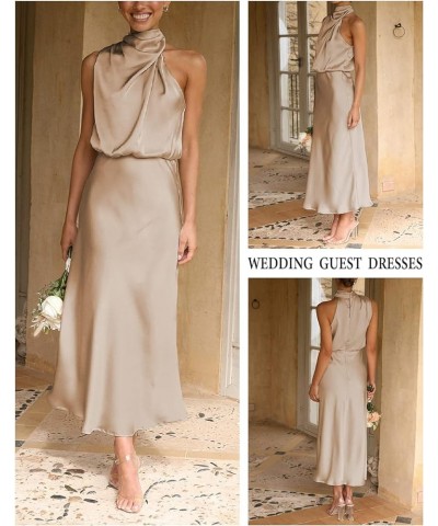 Womens Mock Neck Satin Elastic High Waist Wedding Guest Evening Cocktail Party Elegant Formal Maxi Dress Champagne $10.21 Dre...