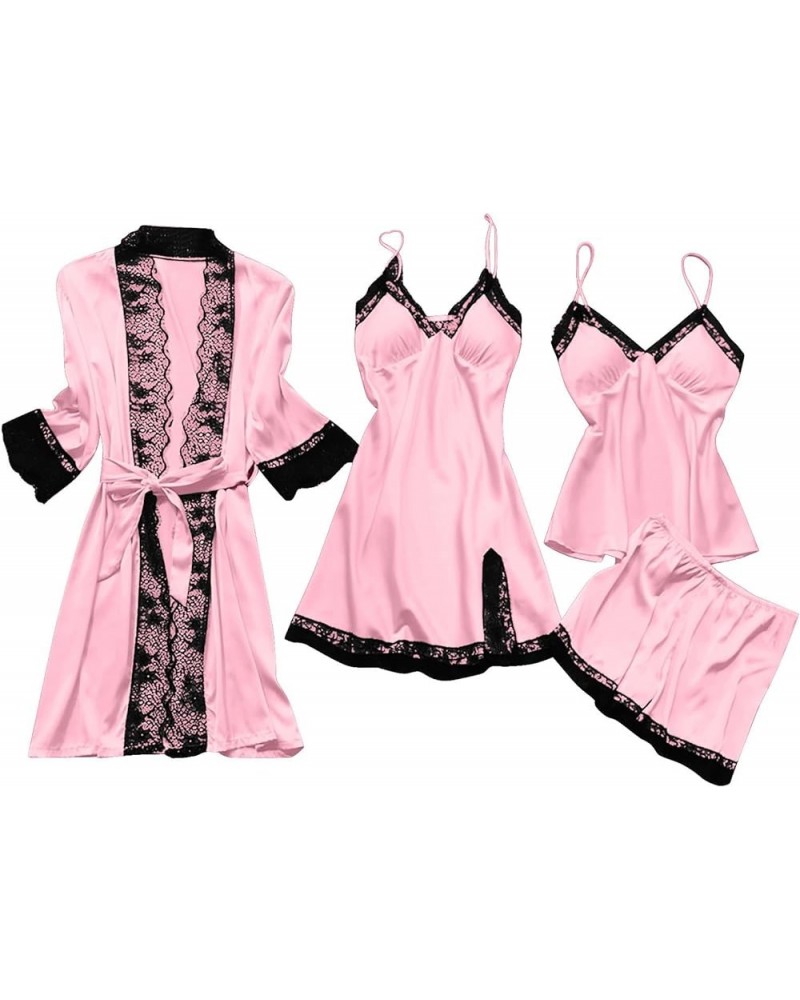 Silk Pajama Sets for Women Satin Robes+Chemise+Cami Tops+Shorts Trendy Pjs Sets Comfy Lounge Sets Soft Sleepwear C1-pink $12....